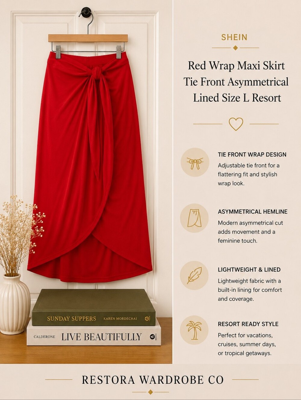 SHEIN Red Wrap Maxi Skirt Tie Front Asymmetrical Lined Size L Resort Vacation